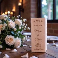 Prachtige gegraveerde houten kandelaar om als cadeau te geven aan een bruidspaar